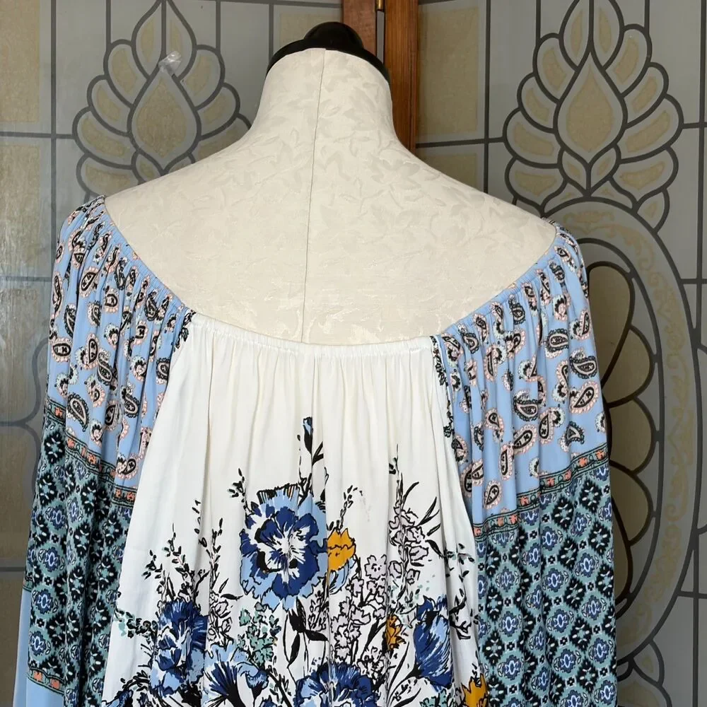 Free People Positano Printed Peasant Top Boho Prairie Cottage Flowy Size M